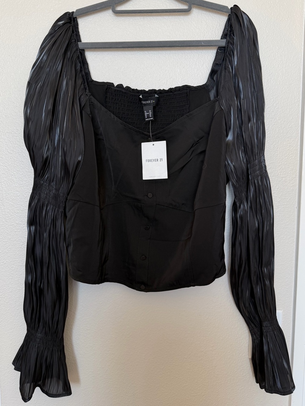 Forever 21 Black Pleated-Sleeve Square Neck Top